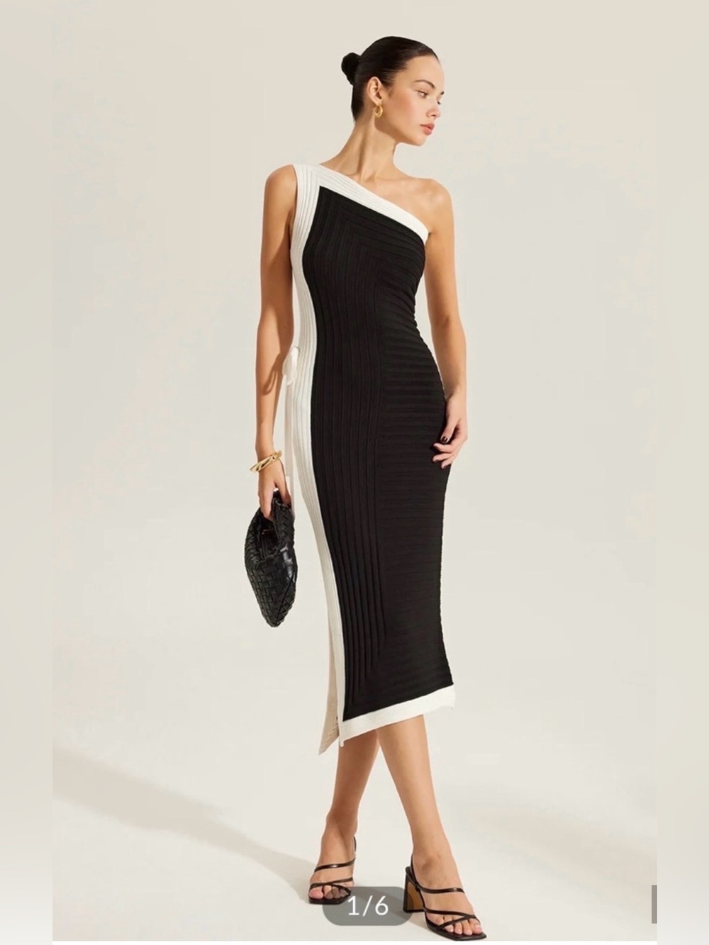 Commense Black One-Shoulder Ribbed Midi Dress with White Trim